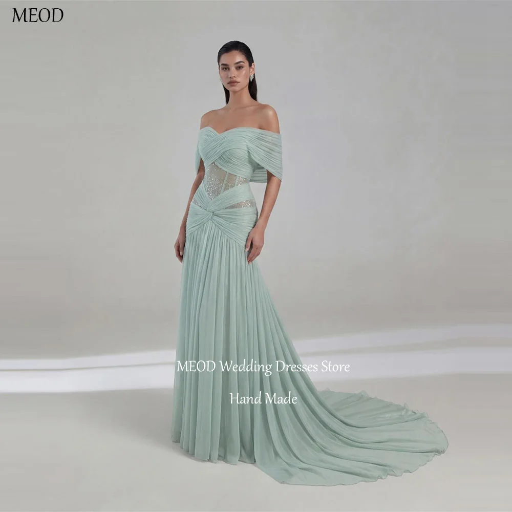 

MEOD Elegant A Line Chiffon Evening Dresses Sweetheart Crystal Formal Prom Gowns Off The Shoulder Long Train Dress Customized