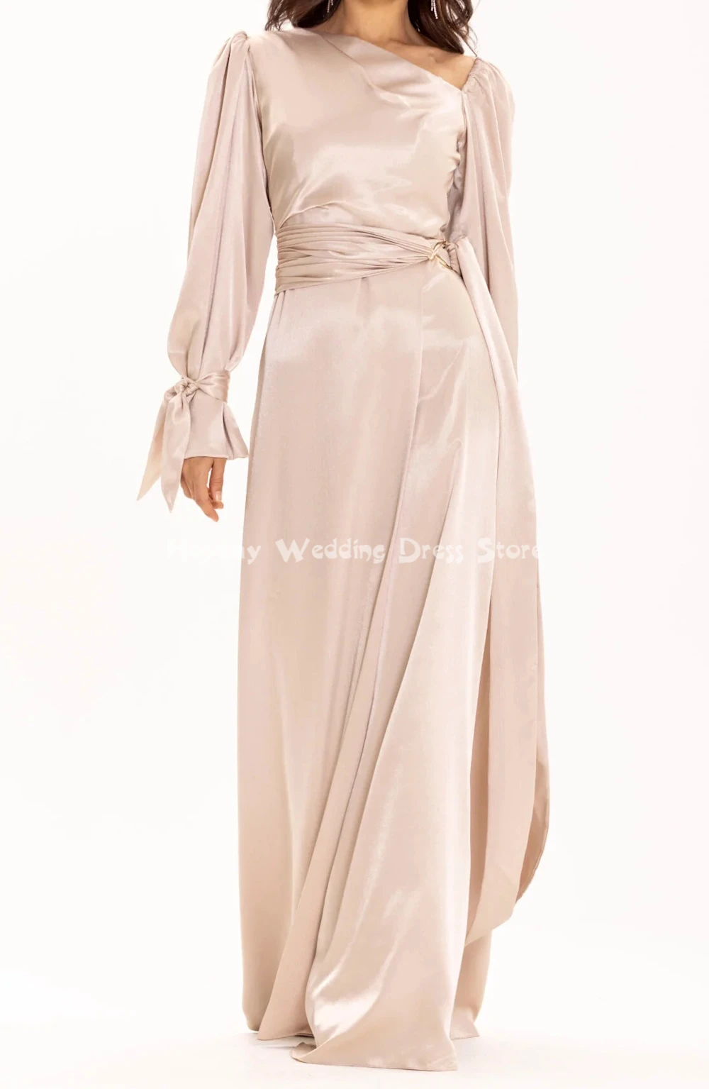 Heyday feminino personalizado cetim faixas plissadas vestidos de noite sauditas com mangas compridas em linha reta até o chão vestidos elegantes 2025