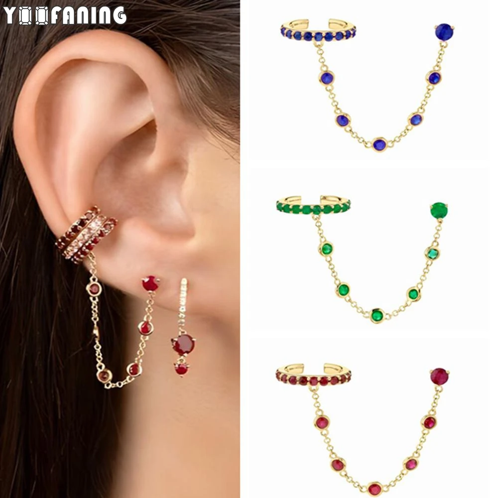 925 Sterling Silver Ear Needle Fashion Luxury Hoop Earrings Colorful Zircon Chain Design Exquisite Earrings for Women  Jewelry