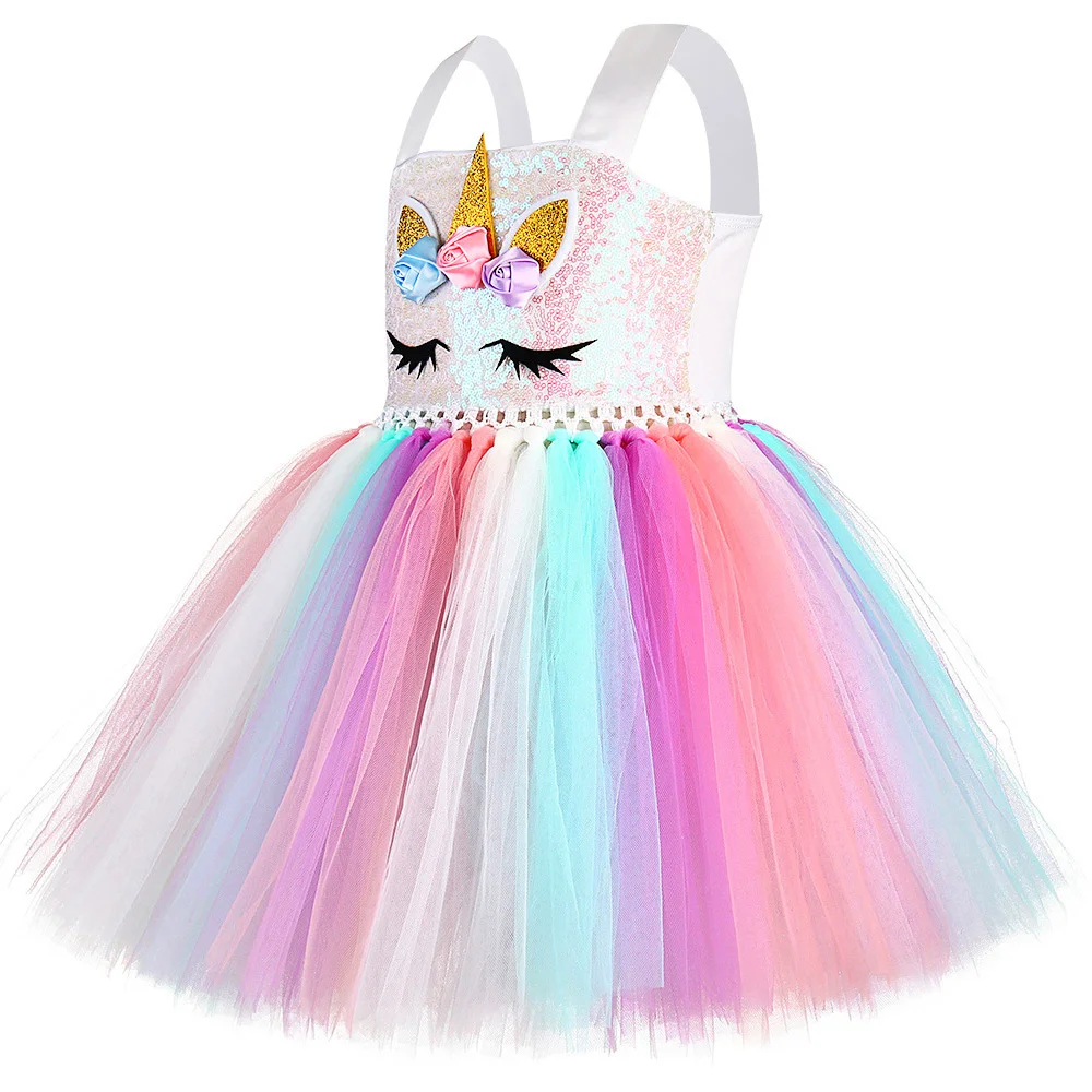 

Pastel Sequins Girls Unicorn Dress with Wings Headband Outfit Toddler Baby Girl Unicorns Costumes for Halloween Birthday Dresses