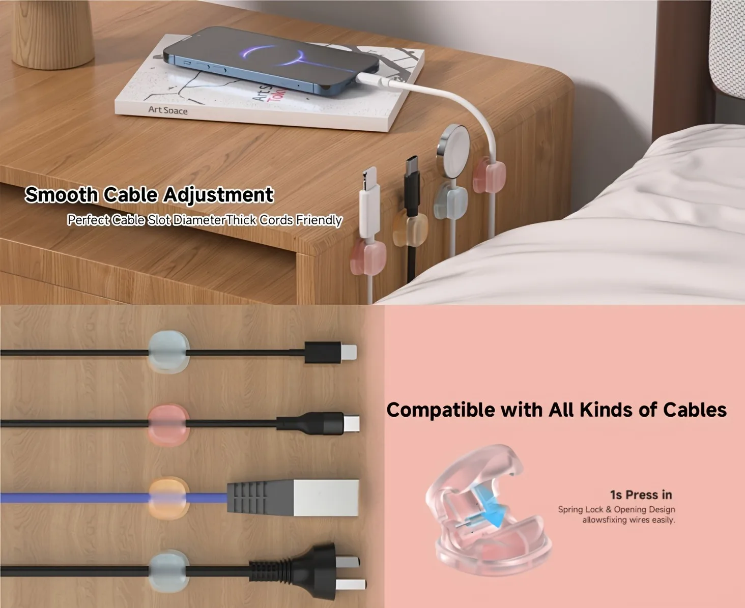 3pcs Solid Color Clear Cable Clip Cable Holder Adhesive Wire Keeper Cord Cable Organizer for Home Office Under Desk Management