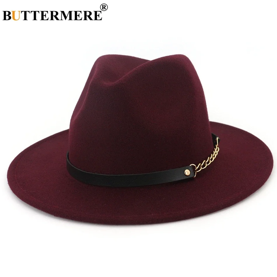 BUTTERMERE Fedora Cappello in feltro a tesa larga Donna Blu navy Cappelli jazz casual da uomo con catena Solid Classic Autunno Inverno Cappellini jazz Rosso