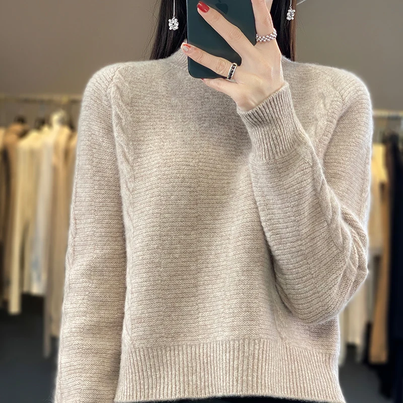 

Autumn and winter new 100% merino wool women's semi-high neck twisted short long sleeve knitted pullover casual solid color top