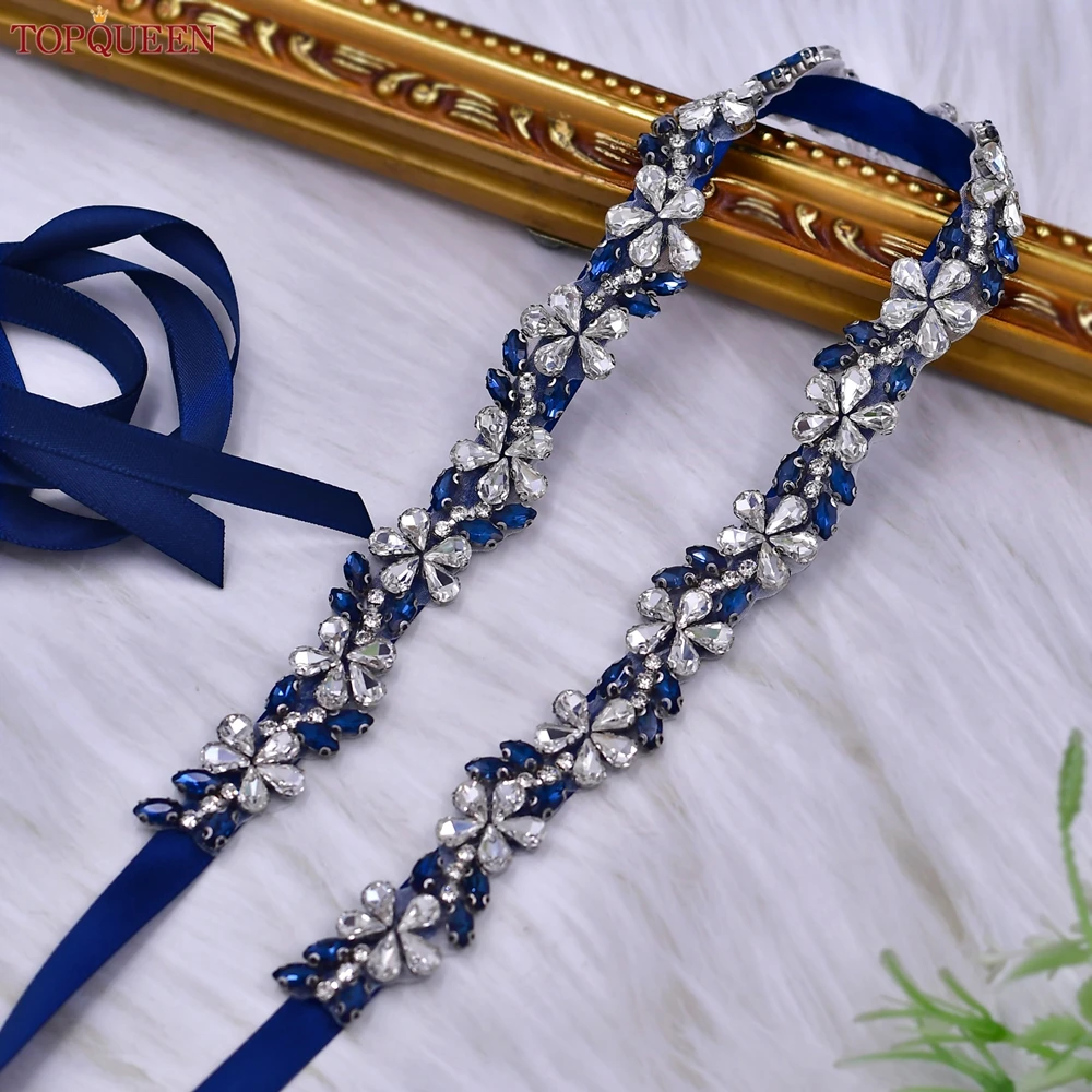 TOPQUEEN Party Women's Sash Wedding Rhinestone Belt Navy Blue Gemstone Moroccan Gown Sash Bridesmaid Belt S37-ML