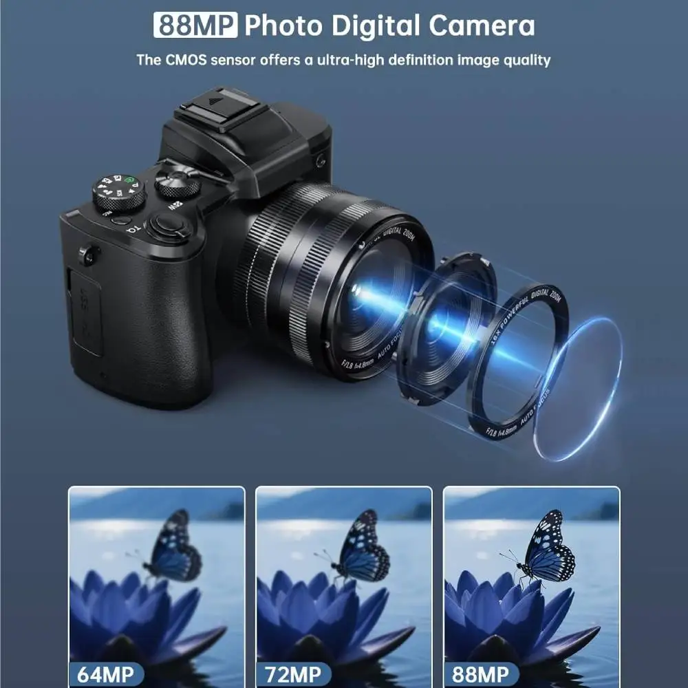 كاميرا رقمية 8K للتصوير الفوتوغرافي ضبط تلقائي للصورة WiFi 88MP كاميرا تسجيل الفيديو مع عدسة مزدوجة 16X تكبير رقمي شاشة تعمل باللمس كاميرا السفر #2