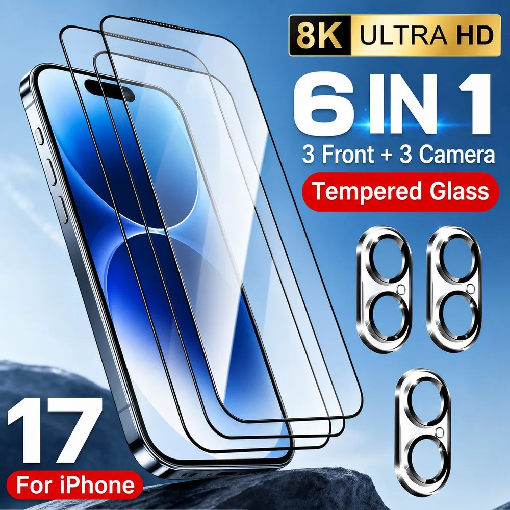 3+3 Stück Panzerglas für iPhone 15 15 Plus 16 16 Plus 17 18 Kameralinsen-Displayschutz für iPhone 15 Pro 16 Pro 17 Pro 18 Pro