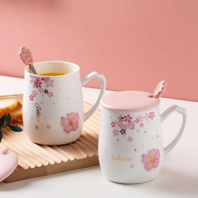 New 400ml Relief Cherry Blossom Ceramic Mug with Lid Spoon Heat-resistant Mugs Milk Coffee Cup Couple Tea Juice Cups Drinkware