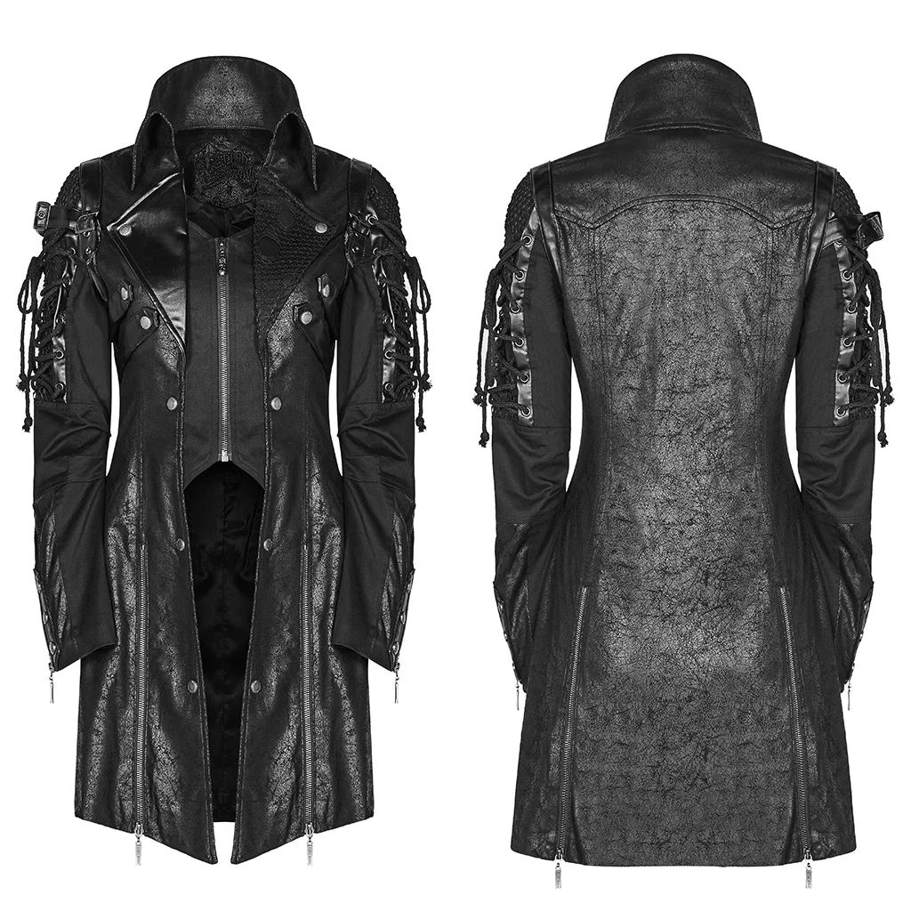 

PUNK RAVE Punk Military Autumn Winter Jacket Western PU Leather Slit Unisex Gothic Retro Style Faux Men Long Coats Y349