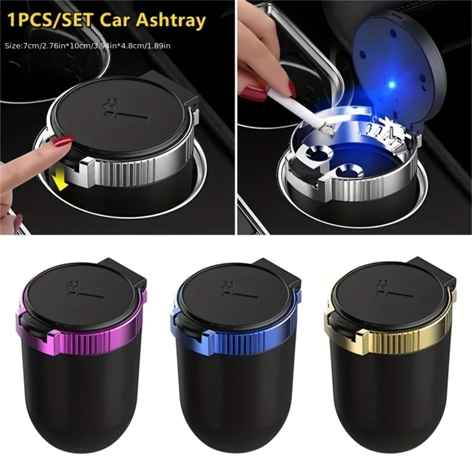 

LED Light Stainless Steel Universal Ashtray - Smokeless, Flame Retardant Auto Car Supplies