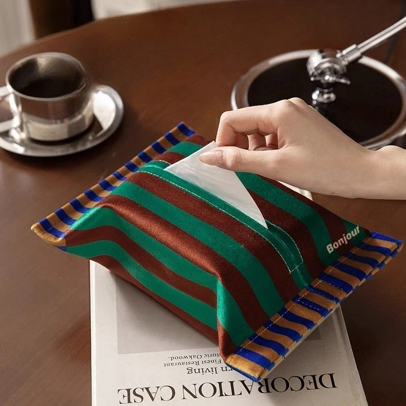 Retro Striped Napkin Holder Soft Short Plush Tissue Box Living Room Dining Table Decoration Tissue Case Kitchen Storage Bag Gift
