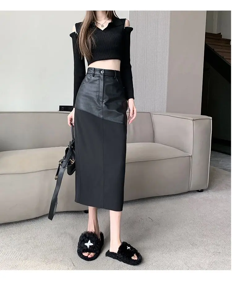 Trendy Black Faux Leather Patchwork Long Skirt for Women High Waisted Luxurious Pu Skirts Spring Autumn New Female