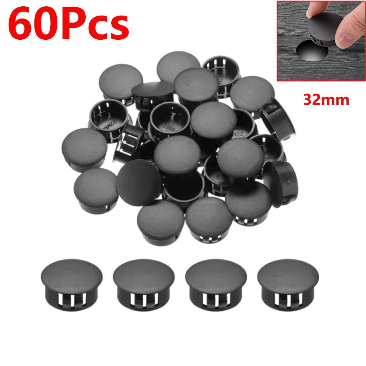 

60Pcs Black Hole Plug Nylon Round Snap-on Plug 32mm Plastic Hole Caps Blanking End Caps Seal Stopper Furniture Tube Inserts Plug