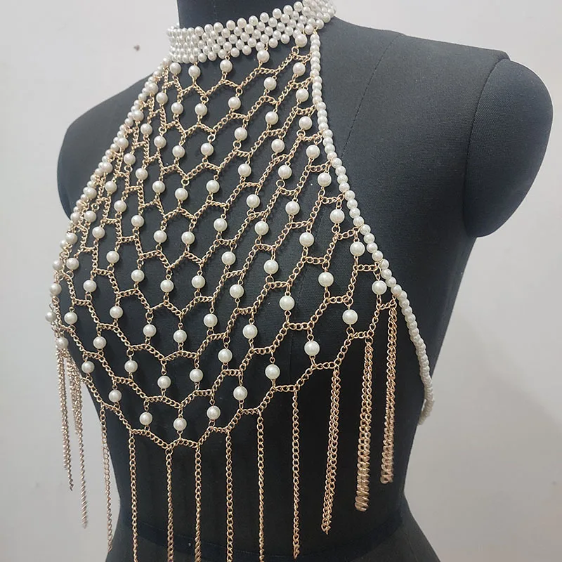 Pearl body chain trapezoidal sexy hollow metal chest chain fishing net perspective design