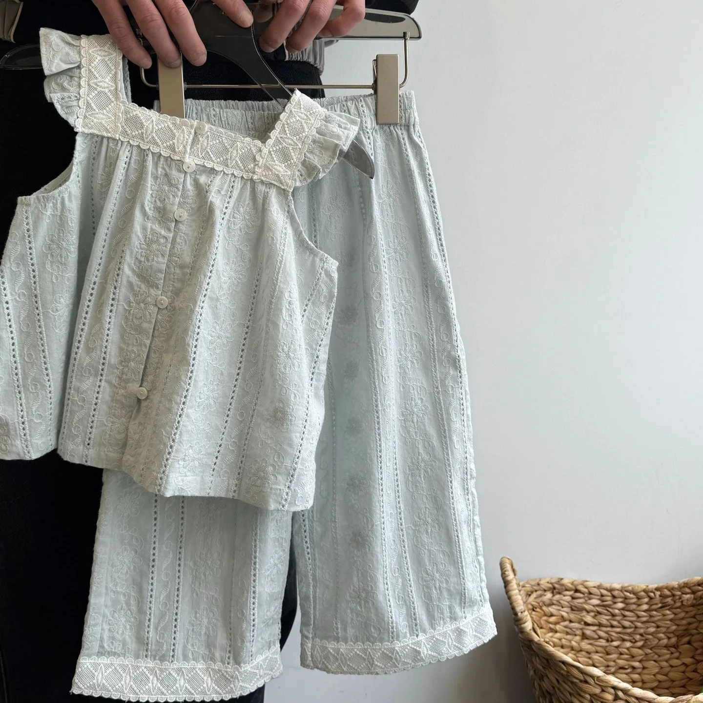 2025 Summer New Girl Lace Set Sleeveless Doll Shirt Pants Set Baby Girl Tank Top Wide Leg Pants Two Piece Set