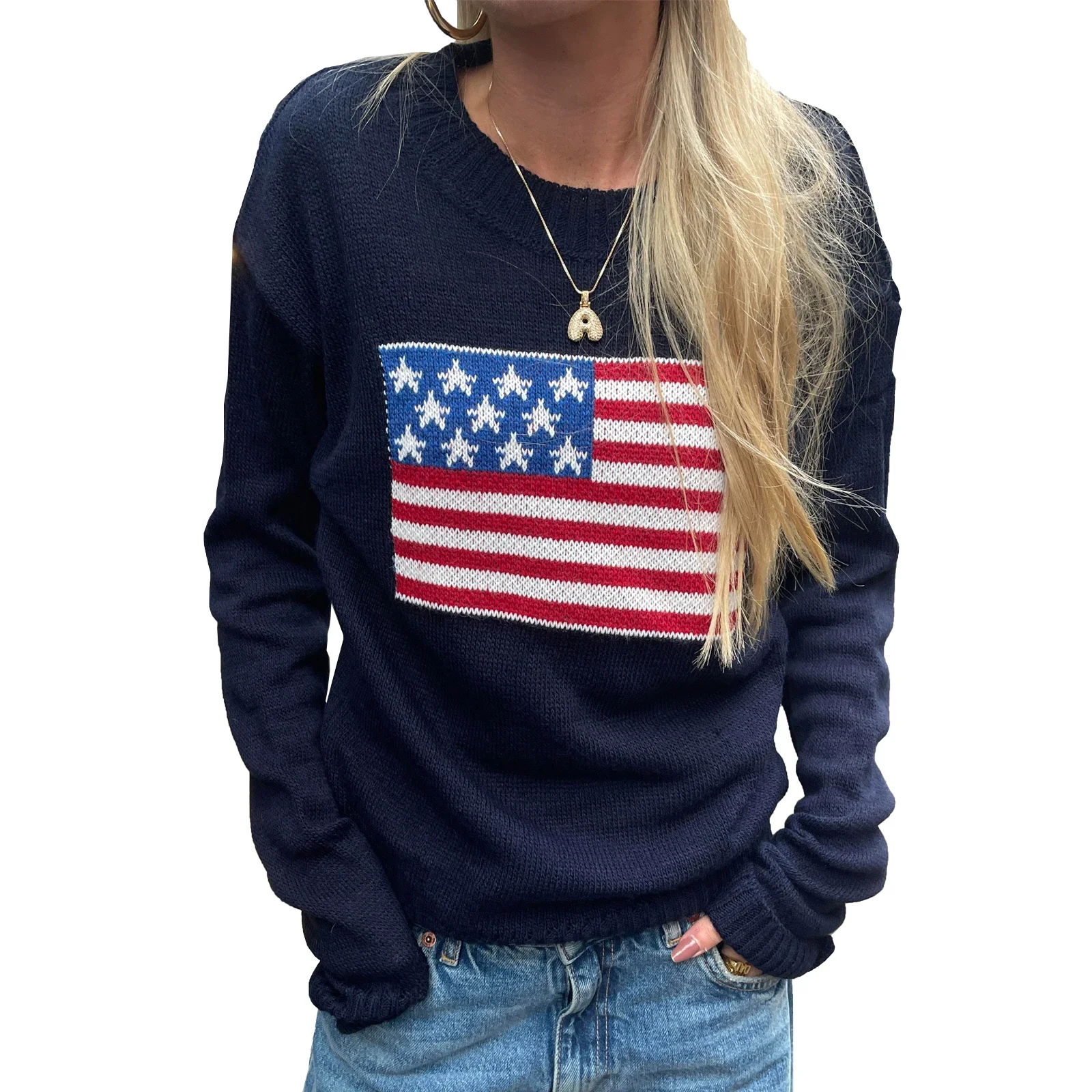 Women\'s Autumn Loose Knit Tops America Flag Print Long Sleeve Round Neck Sweaters Fall Winter Warm Knitwear Casual Jumpers