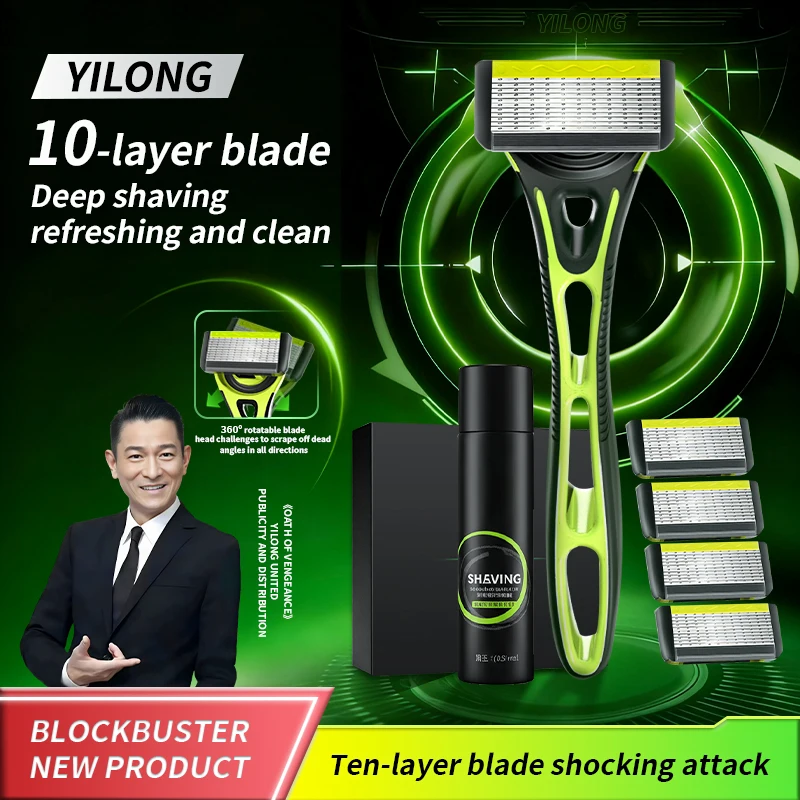 10-Blade Razor for Men Women with 1 Handle & 4 Refills, Stainless Steel Replaceable Shaver Blades, Manual Grooming Kit