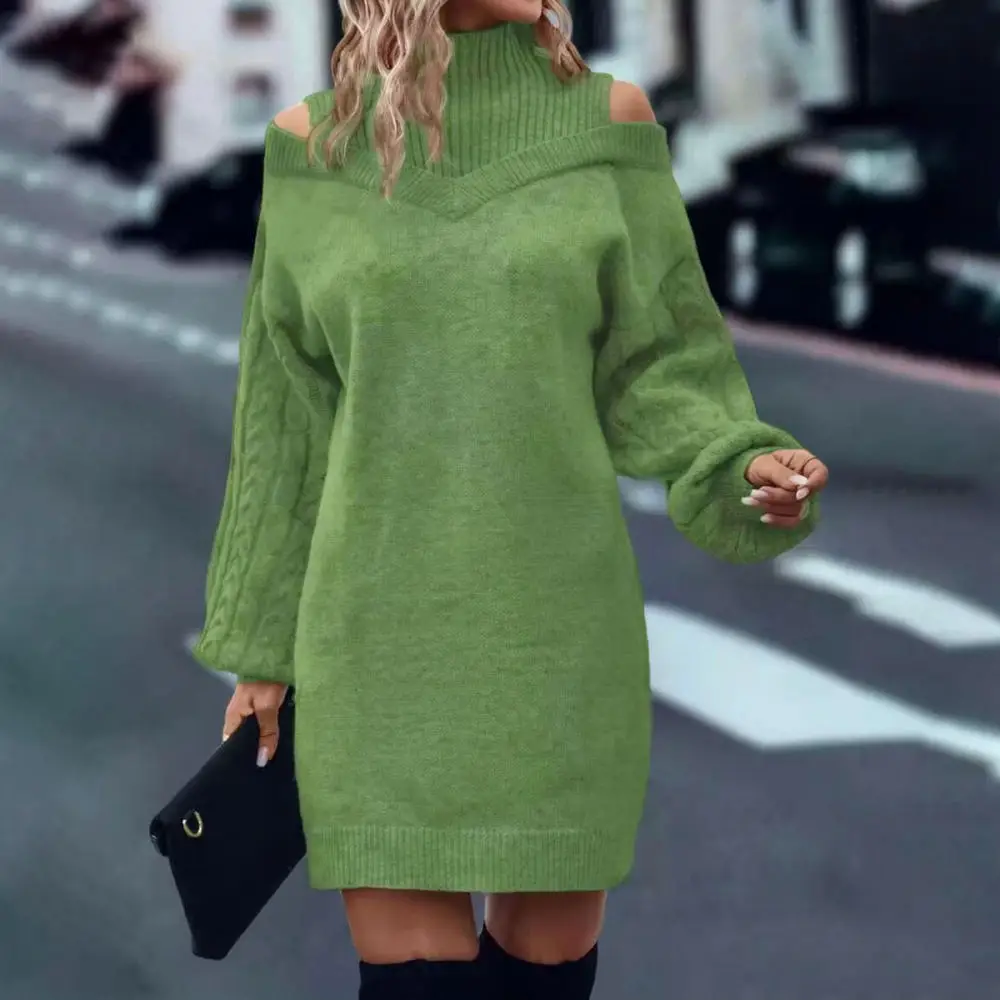 Womens Loose Sweater Autumn Winter Cold Shoulder Pullover Mock Neck Knitwear Lantern Sleeve Elegant Casual Stylish Top