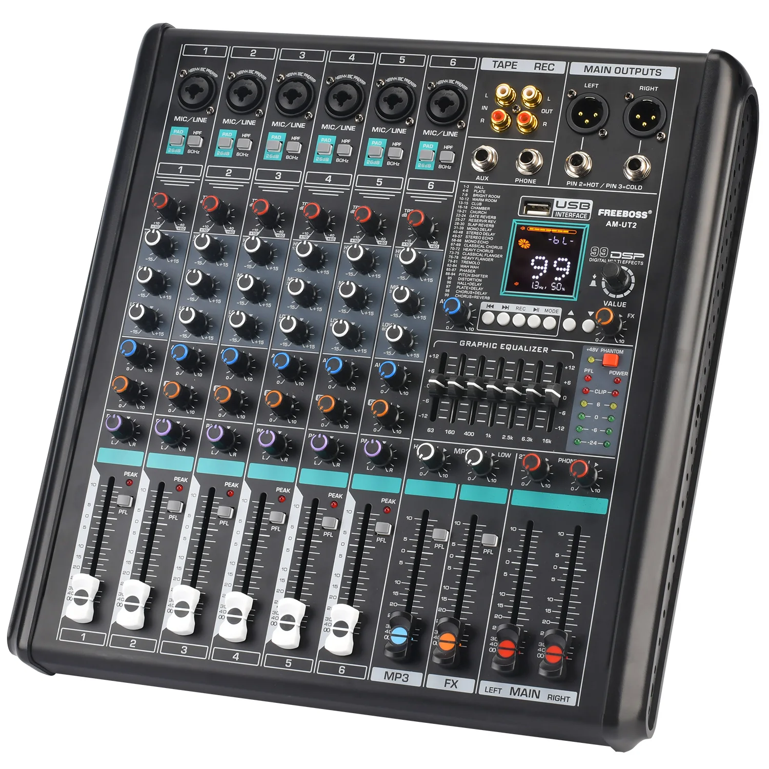 

FREEBOSS 6 Mono Channel Mixing Console Monitor Low Cut 99 DSP Effect PAD Bluetooth Audio Sound Mixer 7 Band EQ USB Record AM-UT2