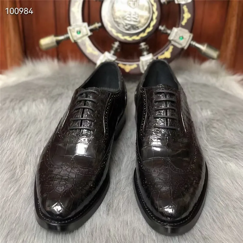 British Style Authentic Real Crocodile Skin Businessmen Dress Oxfords Genuine Exotic Leather Male Lace-up Brogue Dress Shoes