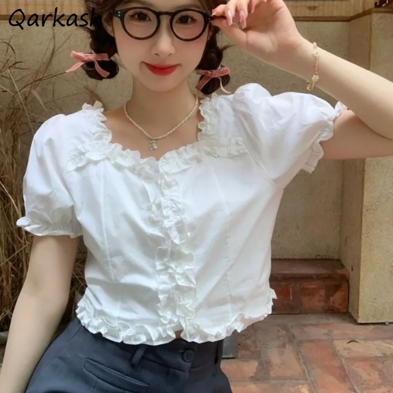 

Women Shirt Vintage Fungus Design Solid All-match Sweet Girls Summer Preppy Style Korean Fashion Chic Students Puff Sleeve Tops