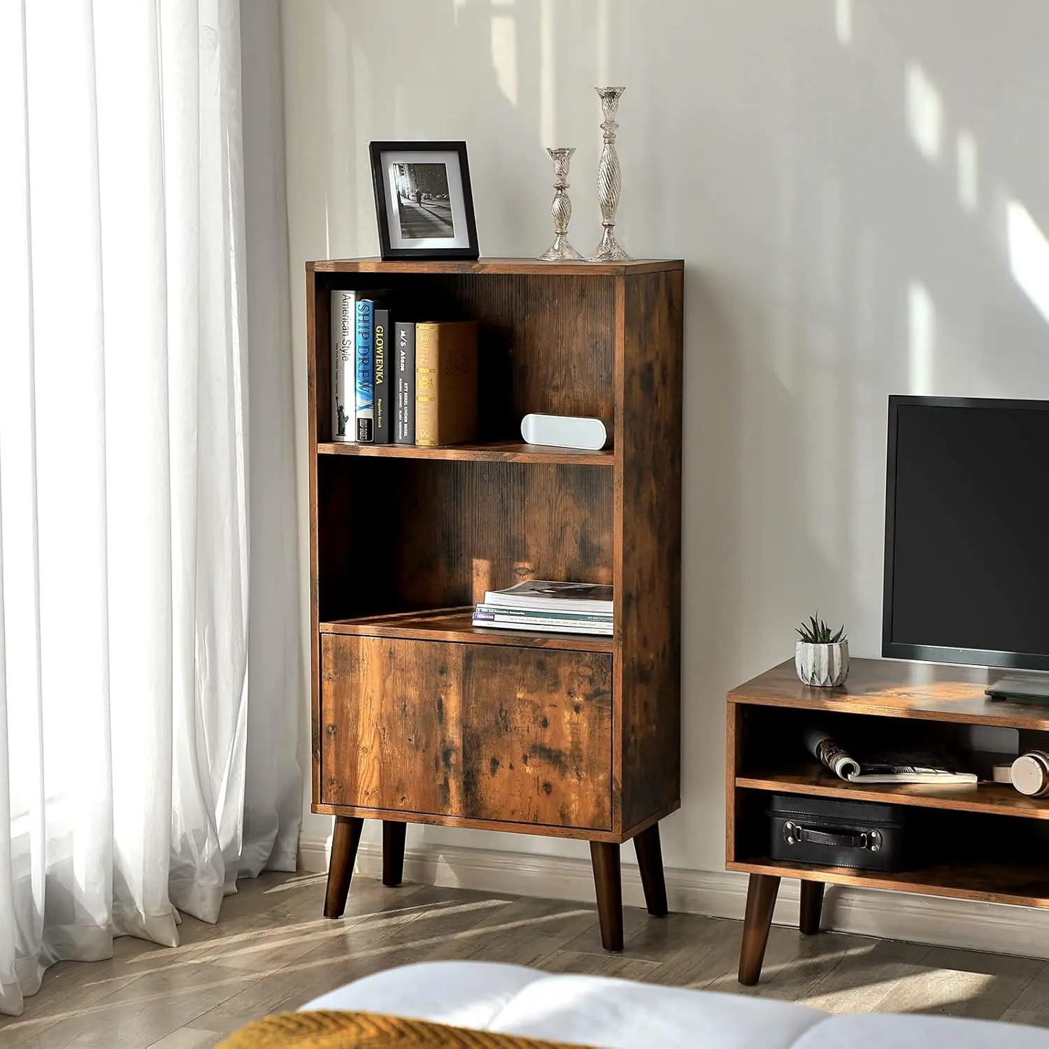 VASAGLE Rustic 3-Tier Bookcase with Doors for Living Room, Office