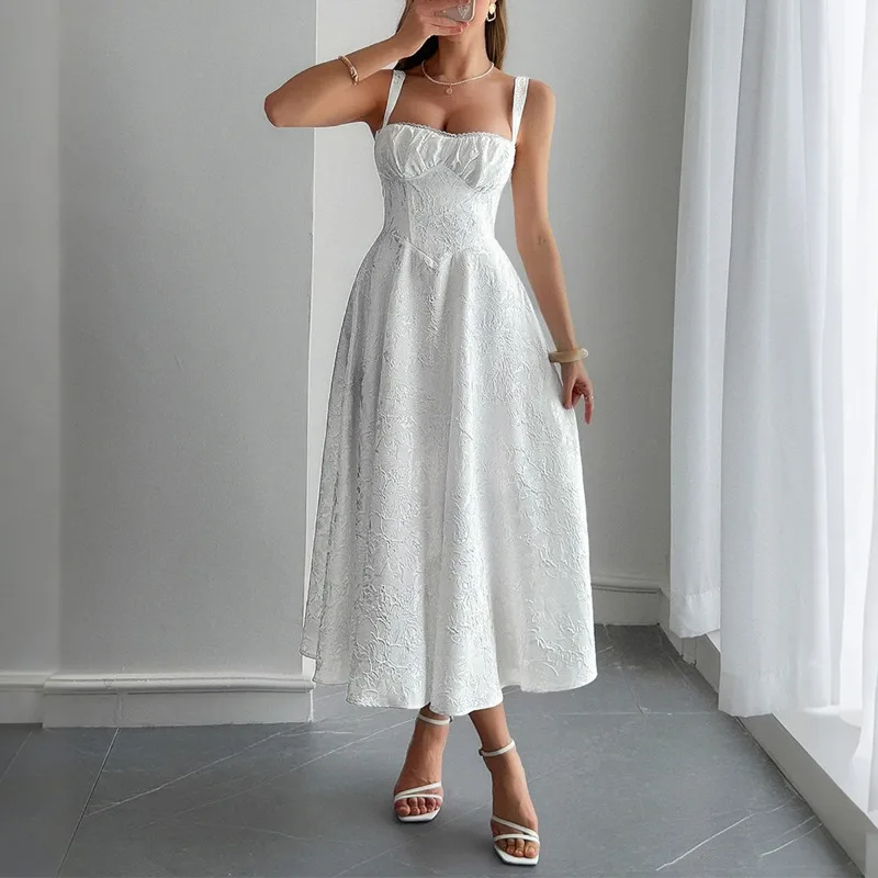 Women's Elegant Jacquard Spaghetti Strap Maxi Dress Classy Boho Chic Evening Gown with Floral Embroidery & Slit Beach Wedding