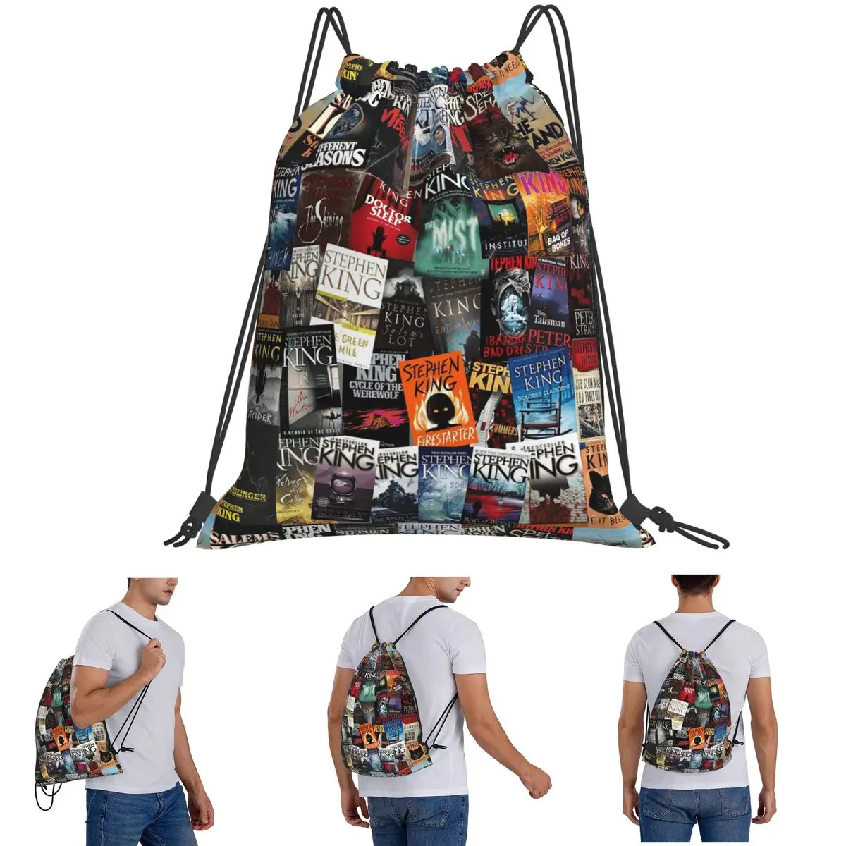 Stephen King Book Covers, Horror Bookworm Backpacks Fashion Drawstring Bundle Pocket Shoes Bag Book Bags for Travel School
