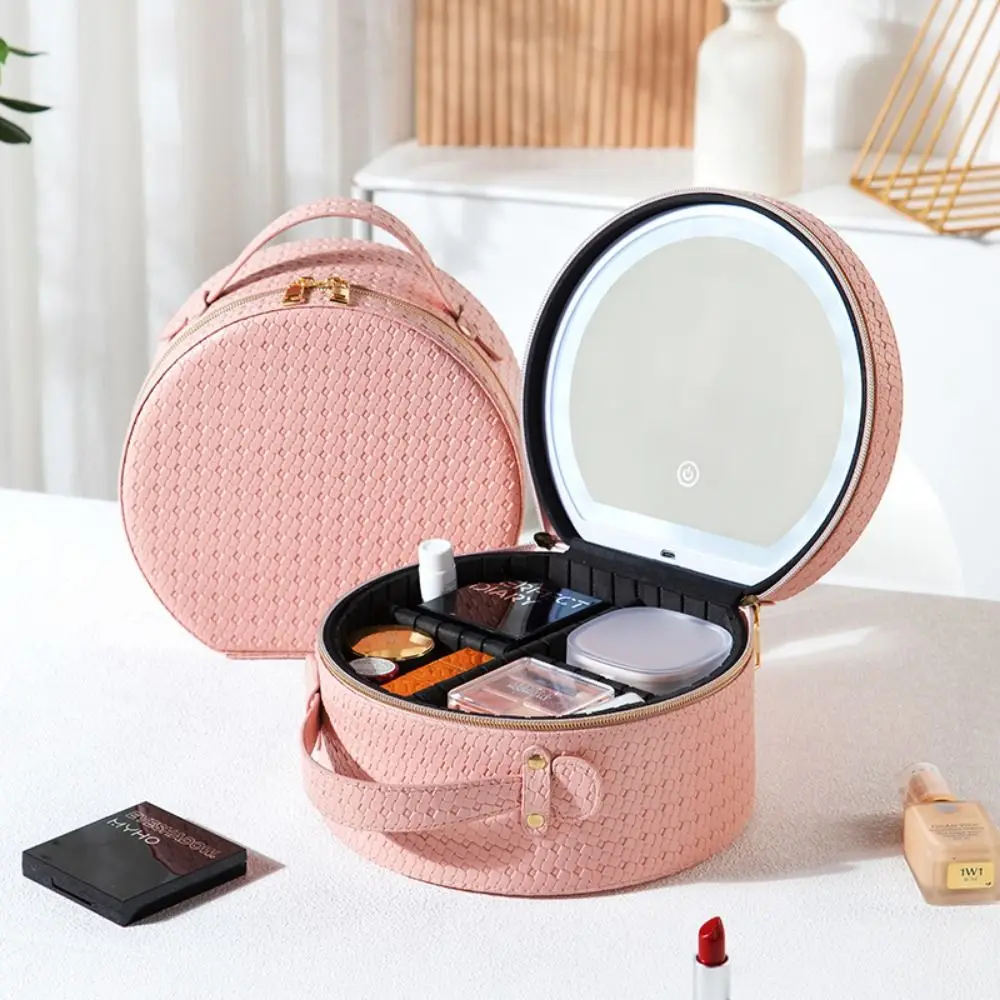 

Portable Makeup Case with Lights Adjustable Dividers PU Leather LED Makeup Bag with Mirror Large Capacity Zipper Closure