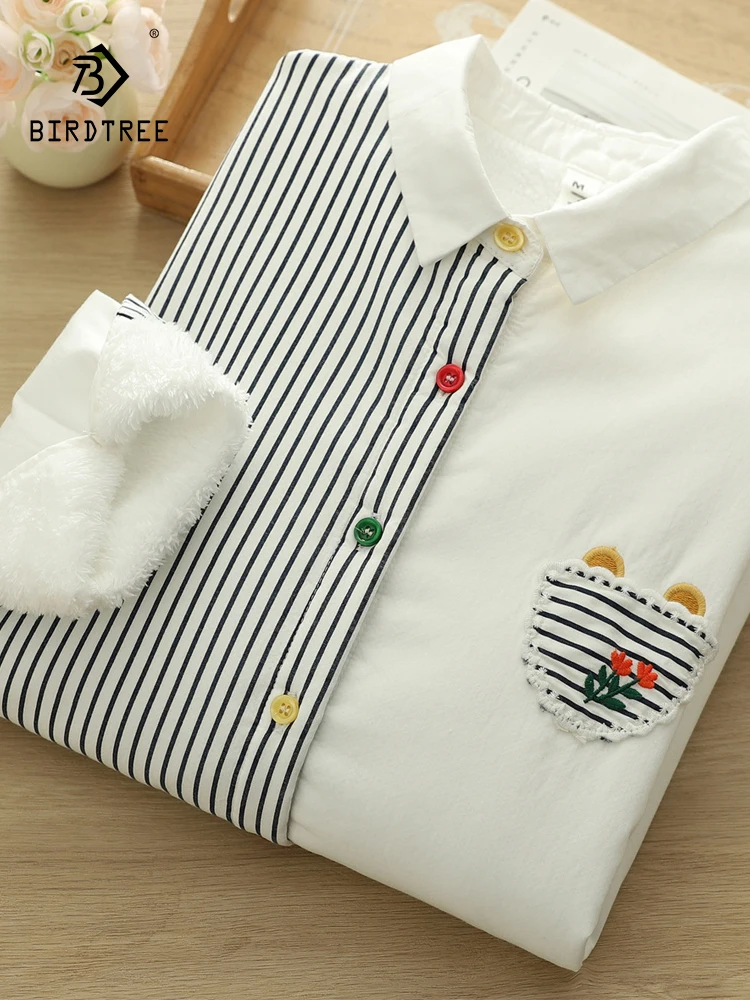 

Новинка 2025, осенняя хлопковая флисовая рубашка с длинными рукавами, женская полосатая вышивка с лацканами, теплая повседневная свободная блузка Mori Girl T5O931CC