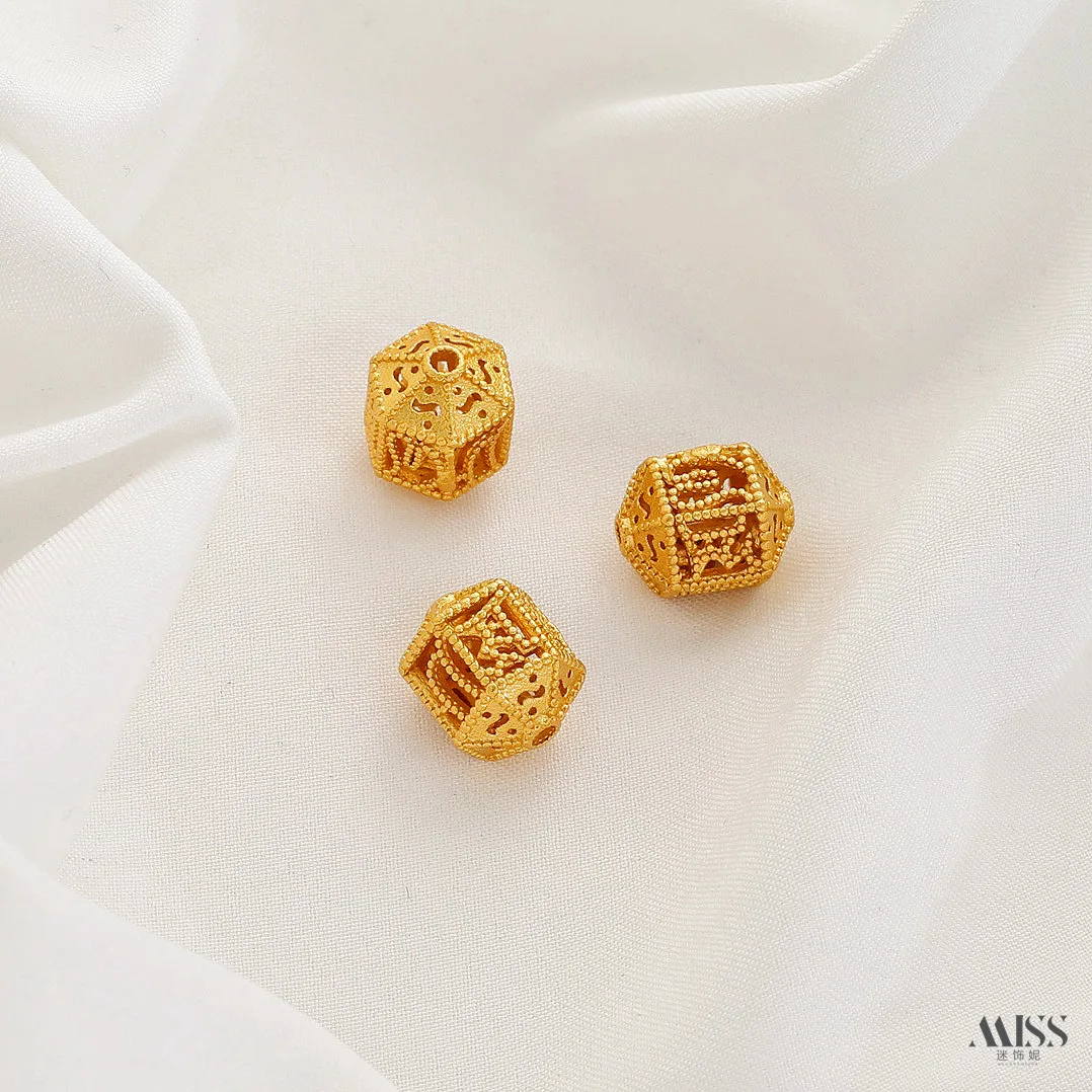 Gold Plated Fu Ruyi Six Words Mantra Lantern Beads, Filigree Hollow Olive Beads, DIY Handmade Jewelry Making Accessories