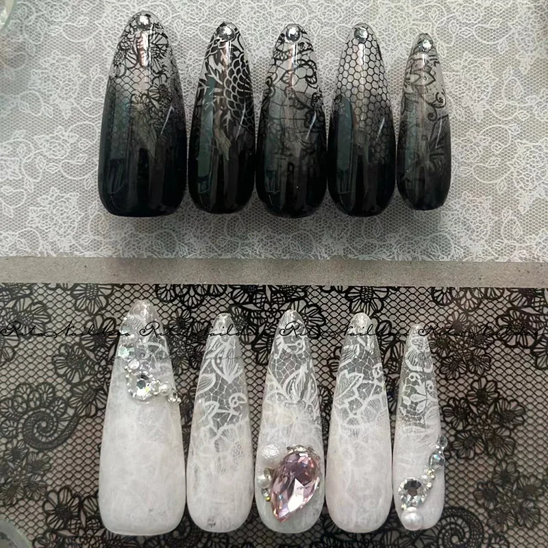 10 Rollen 2,5 * 50 cm Sexy Spitze Nagelfolien Schwarz Weiß Transferpapier Nail Art Aufkleber Streifen Spitze Maniküre Abziehbilder Nageldekorationen – Detail 6