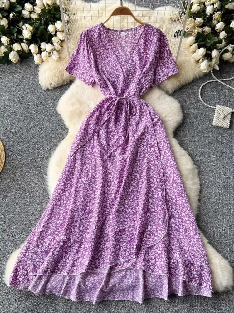 レディースプリントビーチドレス 夏 セクシー Vネック レースアップ 半袖 花柄ワンピース フレンチスリム Aライン ボヘミアン ロングローブ ワンピース