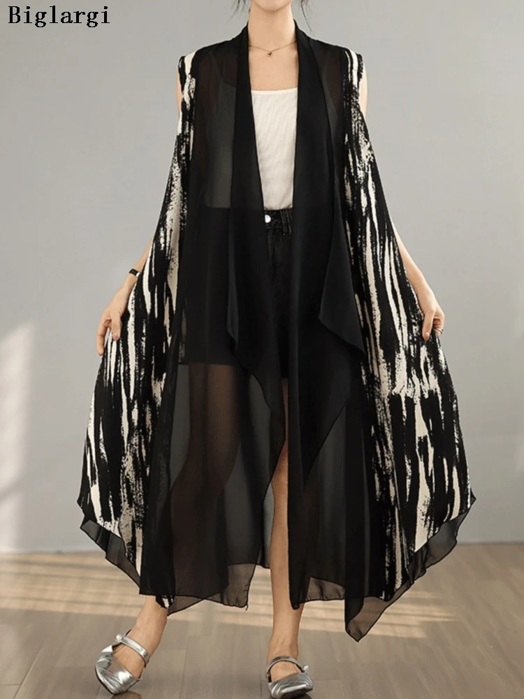 

Oversized Summer Sleeveless Vests Coat Women Print Patchwork Fashion Ladies Vests Jackets Pleated Ruffle Loose Woman Long Coats