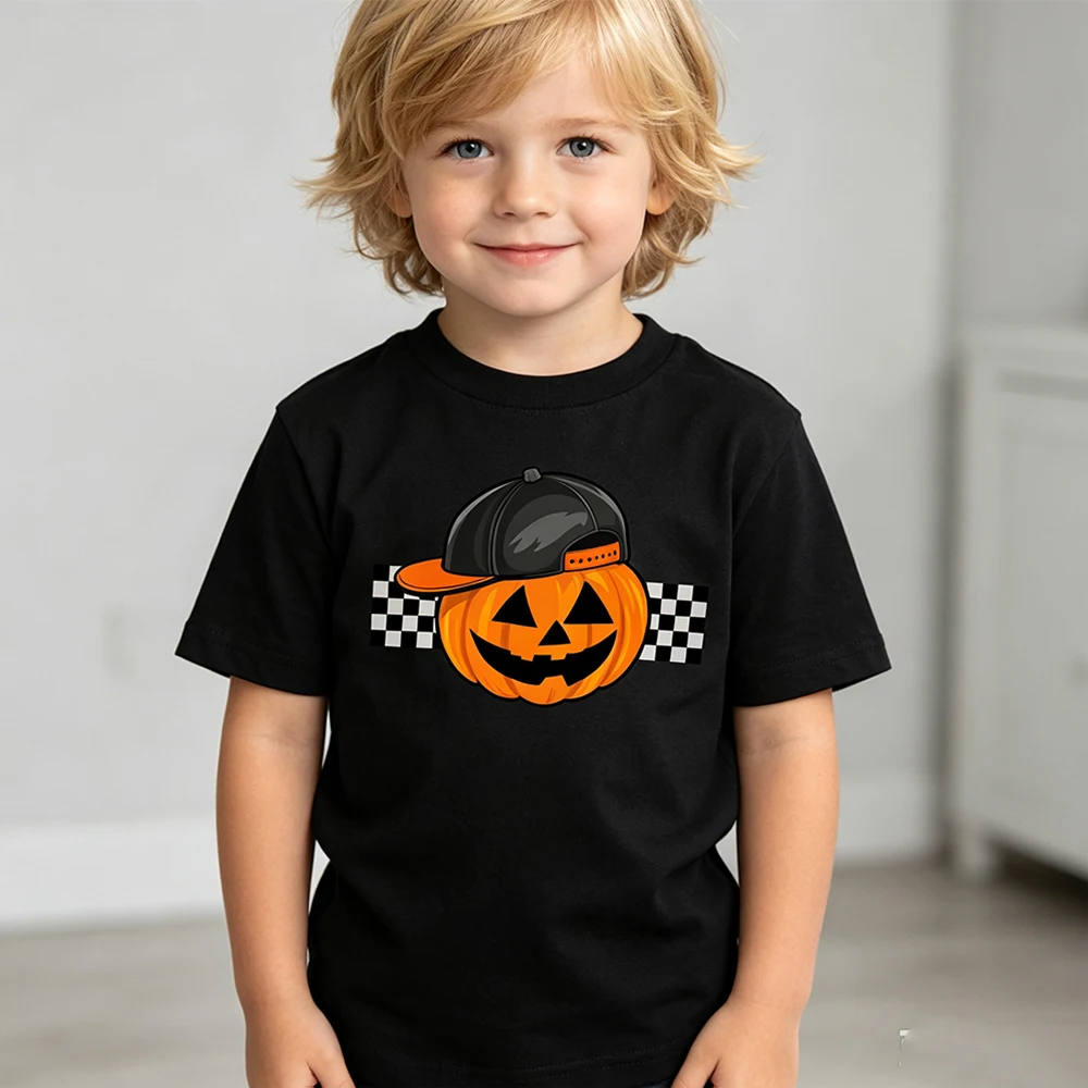 2026 Pumpkin Boys Toddler T-Shirt Checkered Pumpkin Kids Tee Cool Boy Pumpkin Tops Pumpkin Fall Kids Clothes Bays Girls Clothes