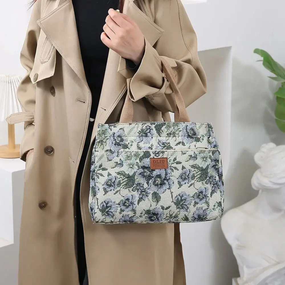 Tragbare Damen-Einkaufstasche mit Blumendruck, Segeltuch, große Kapazität, Lunchtasche, Reißverschluss, verdickte Jacquard-Handtasche