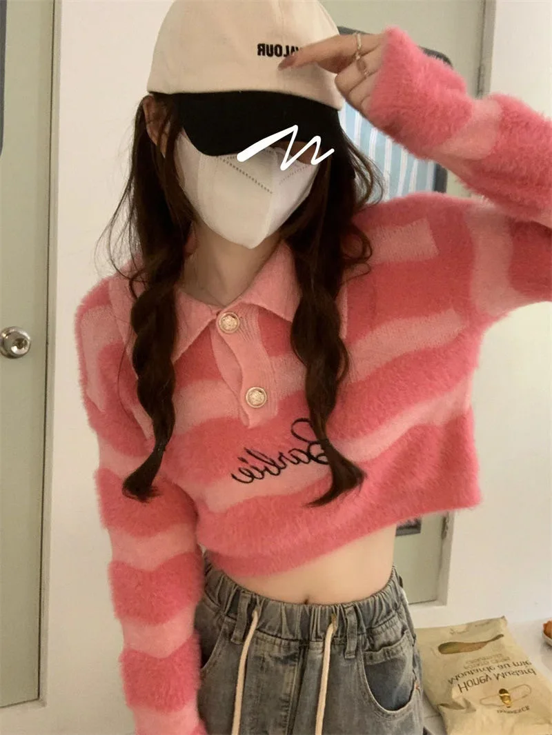 Korean Version Versatile Pink Long Sleeved Striped Knitted Sweater For Women, Loose Fitting Pullover, Gentle Style, Soft And