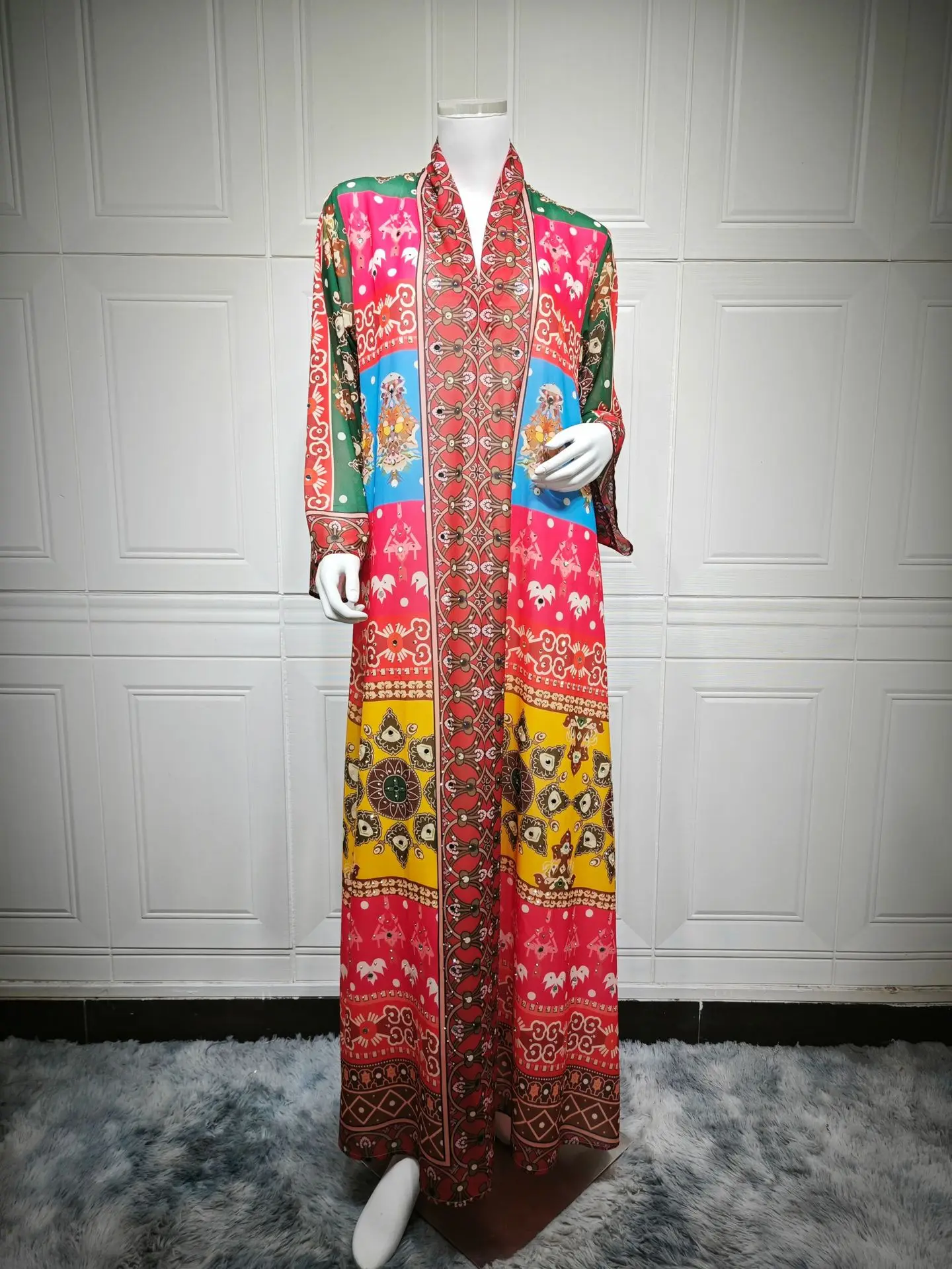 

2025 New Printed Fashion Muslim Dress for Women Morocco Long Dress Kaftan Dubai Abaya Eid Ramadan Robe Jalabiya