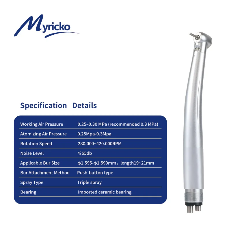 Myriko-pieza de mano Dental LED de alta velocidad, rotación de pulverización de agua individual/Triple, cabezal estándar, botón pulsador,