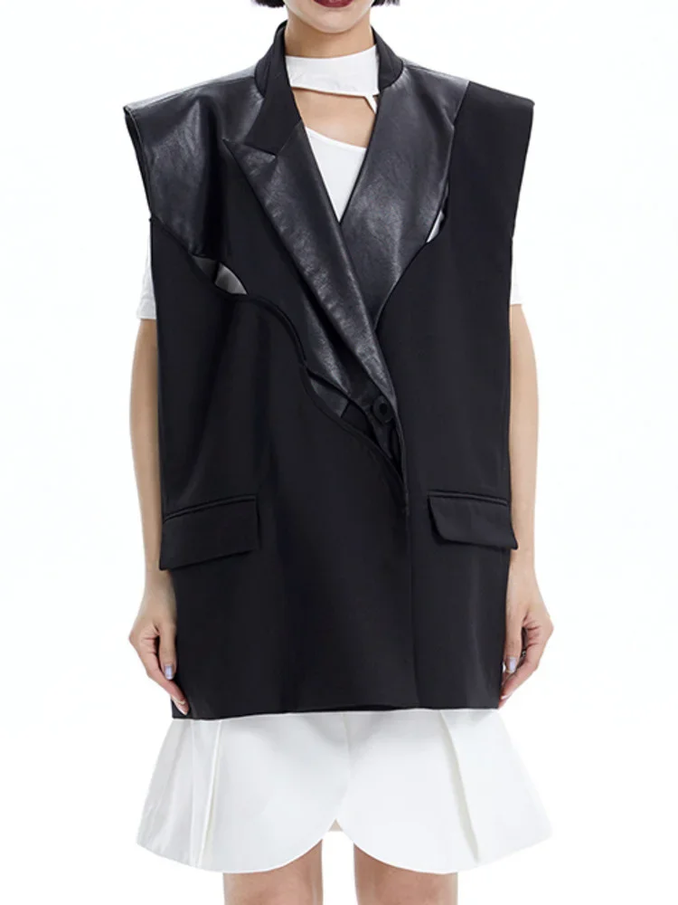   スタジオニュートラルスプライシングレザーウルダーワイドレディースベストルーズスーツカラーストリートスレコットンブレンドロングジャケット