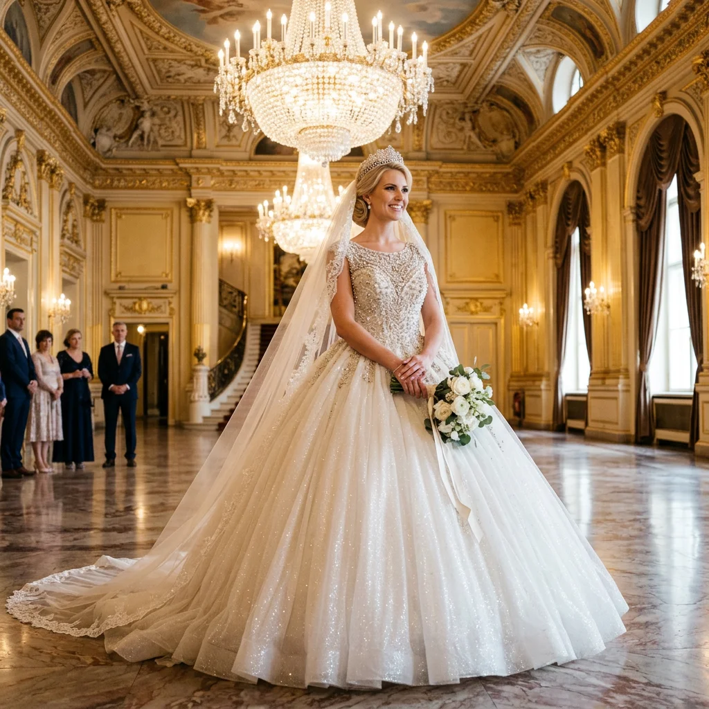 Sparkling Beaded Ball Gown Wedding Dress Illusion Neckline with Lace Train Royal Bridal Gown