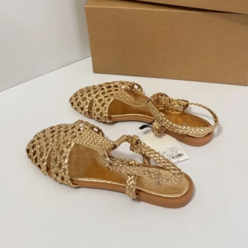 Summer Women Flat Sandals Retro Black Woven Crochet Casual Walking Shoes Fashion Square Closed Toe Slingback Outdoor Flats