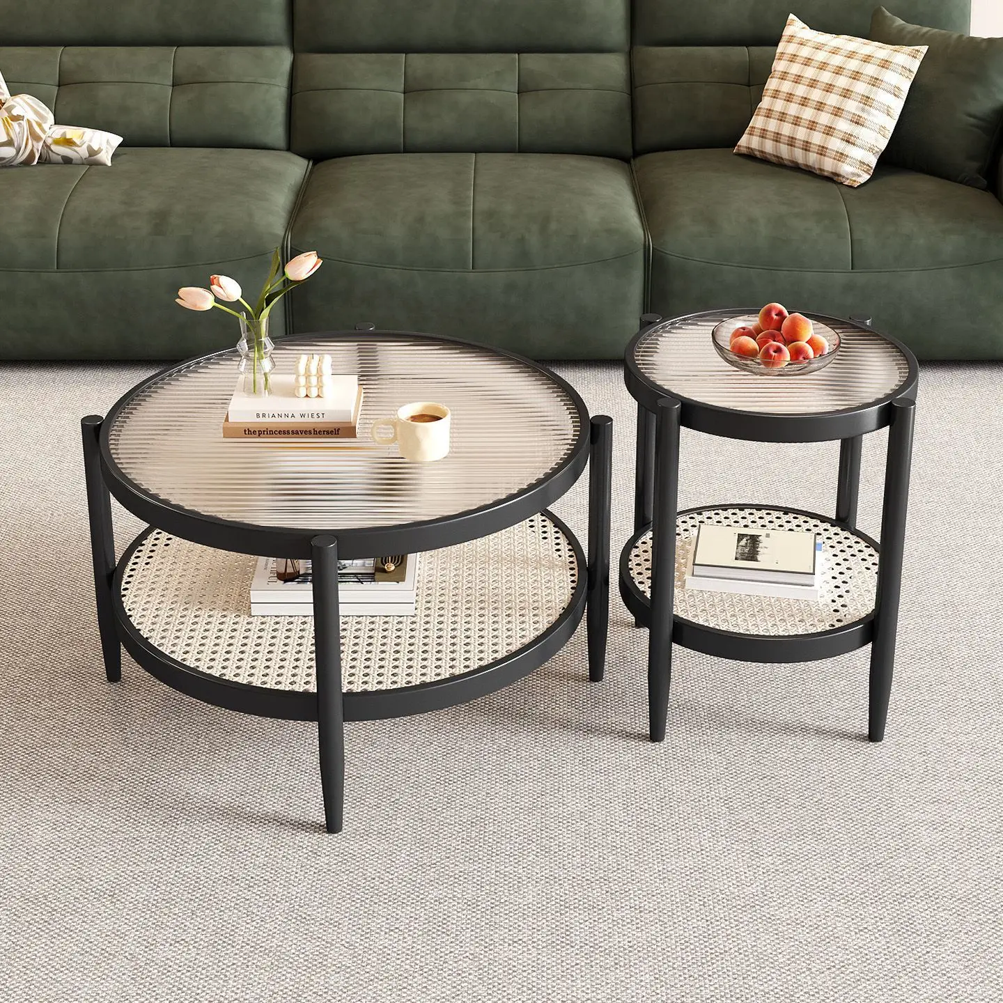 Nordic rattan coffee table small apartment round double-layer Changhong glass living room household