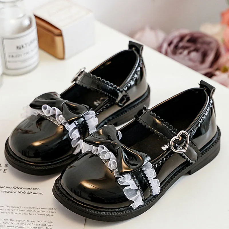 

Children Girls Shoes Patent Leather Round Toe Kids Shoes for Girl White Lace Bow-knot Princess Black chaussure fille CSH1404