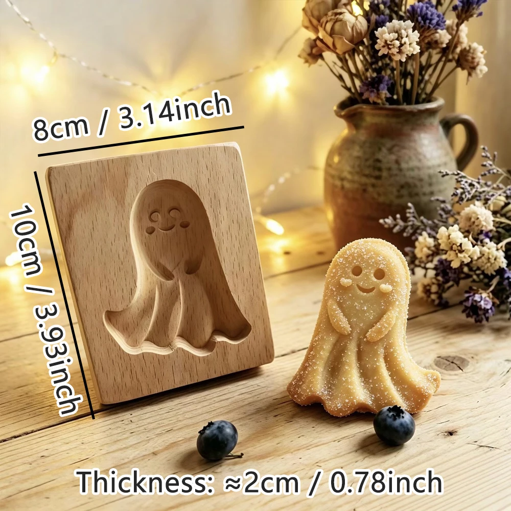 Holz-Kekspresse zum Backen, 3D-geschnitzter Lebkuchenstempel aus Buchenholz, Halloween-Kürbis-Geist-Prägeform für Kekse – Detail 6