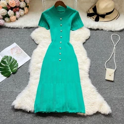 YuooMuoo Women Dress 2025 New Summer Short Sleeve O-neck Buttons Knitted Bodycon Long Dress Elegant Office Lady Vestidos Outfits
