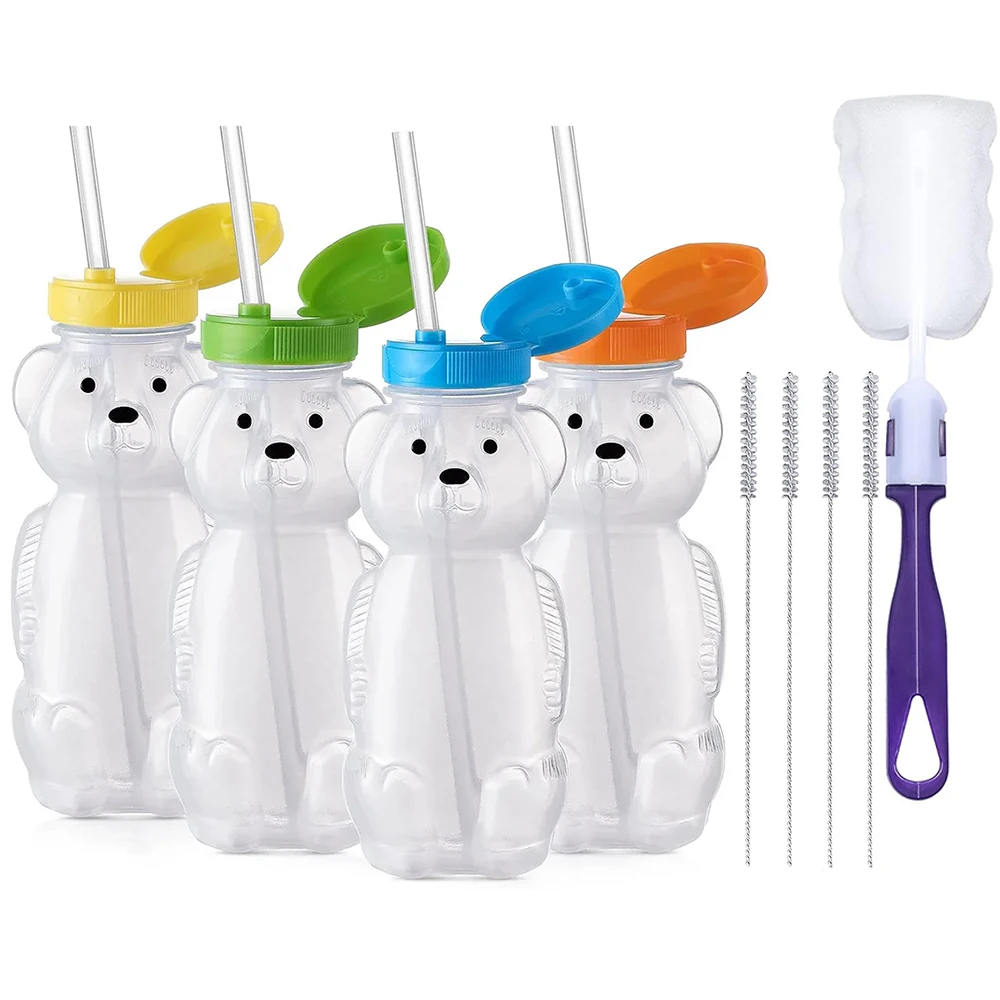 Honey Bear Straw Cups for Babies, Food Grade, BPA Free, 4 Flexible Straws, 8 OZ Sippy Bottles, 4Pcs