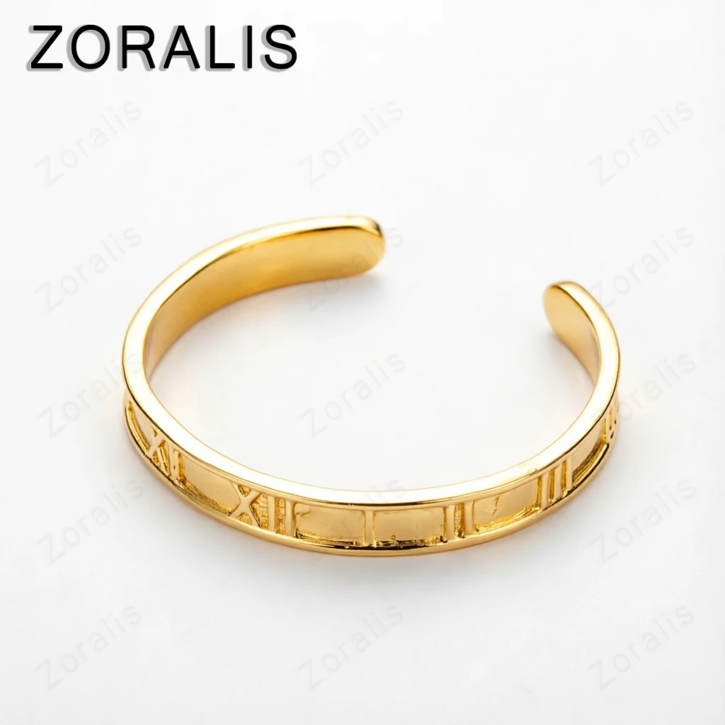 18K Gold 7mm Engraving Roman Numerals Open Bangles For Women Birthday Christmas Wedding Party Fine Jewelry