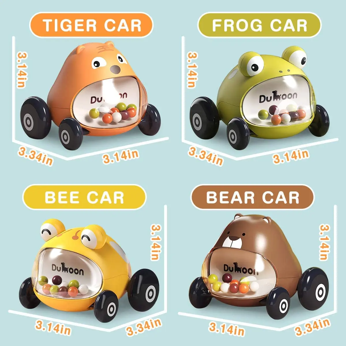 Baby Car Toys 4 Pack Push and Go Mini Animals Cartoon Cars Toy, Educational Preschool Learning Color Vehicle Playset for baby