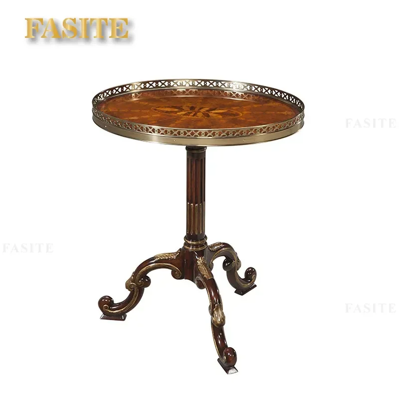 For Living Room English Neoclassical Mahogany Side Table with Copper Accents Carved Castle Design Corner Furniture