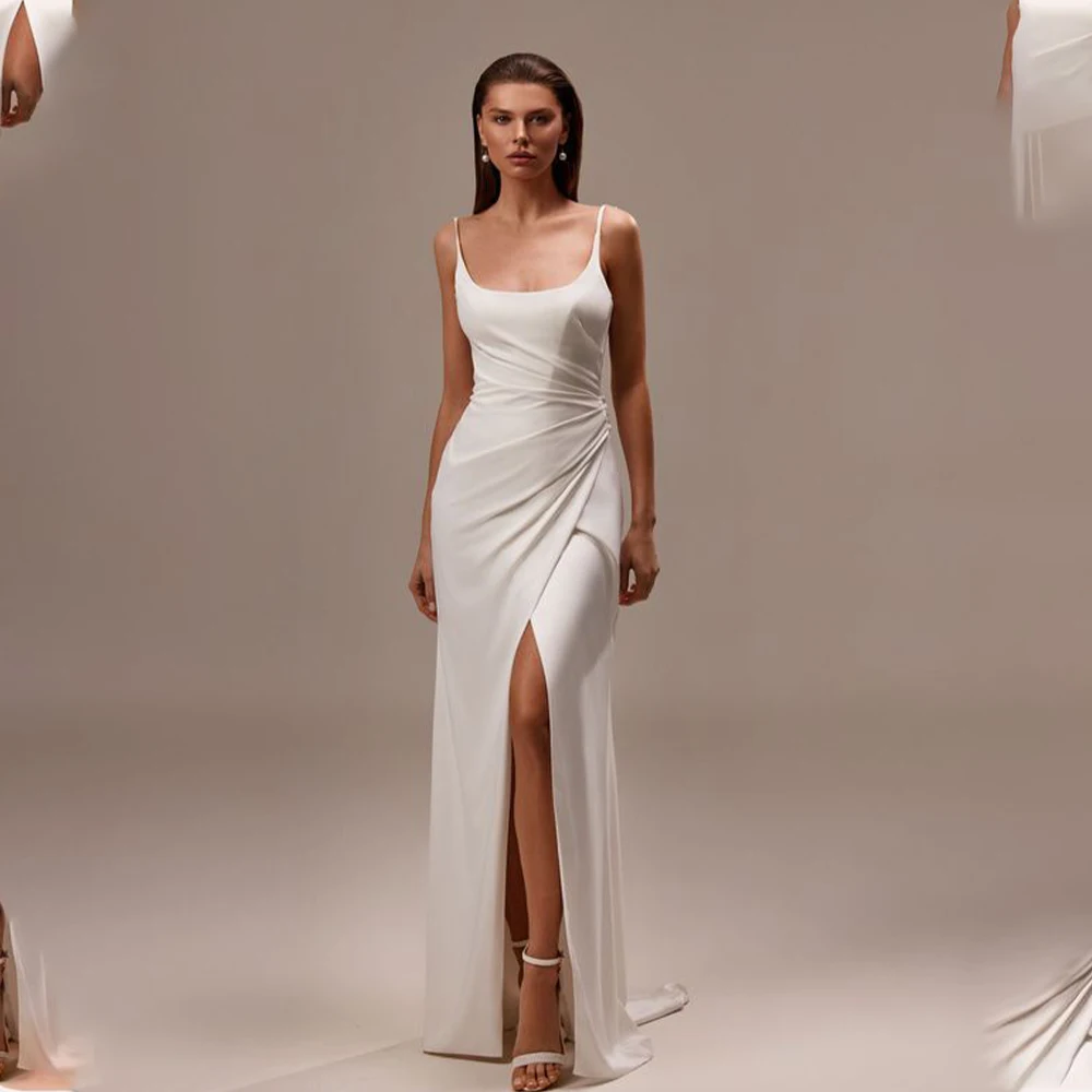 

Modern Spaghetti Straps Scoop Neckline Pleat Satin Mermaid Wedding Dresses Side Slit CUstom Made 2025 Vestido De Noival